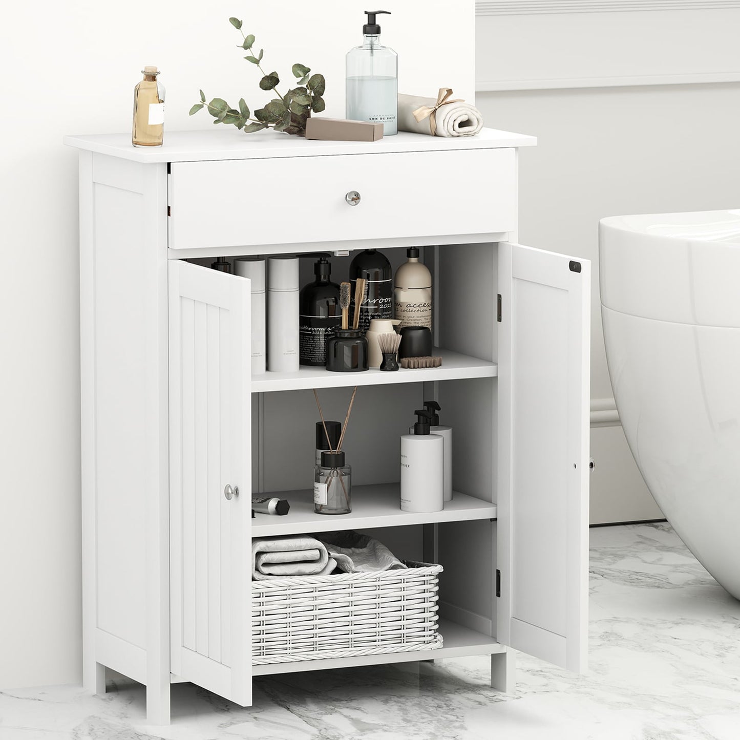 Bathroom Floor Cabinet 2-Door with Drawer and Adjustable Shelf-White