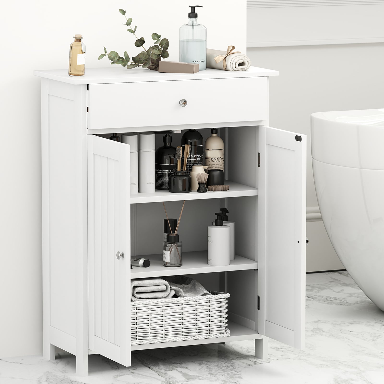 Bathroom Floor Cabinet 2-Door with Drawer and Adjustable Shelf-White