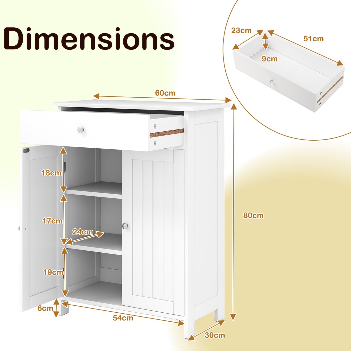 Bathroom Floor Cabinet 2-Door with Drawer and Adjustable Shelf-White