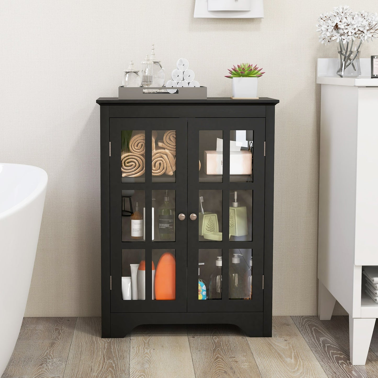 Bathroom Floor Cabinet with 2 Glass Doors and Adjustable Shelves-Black