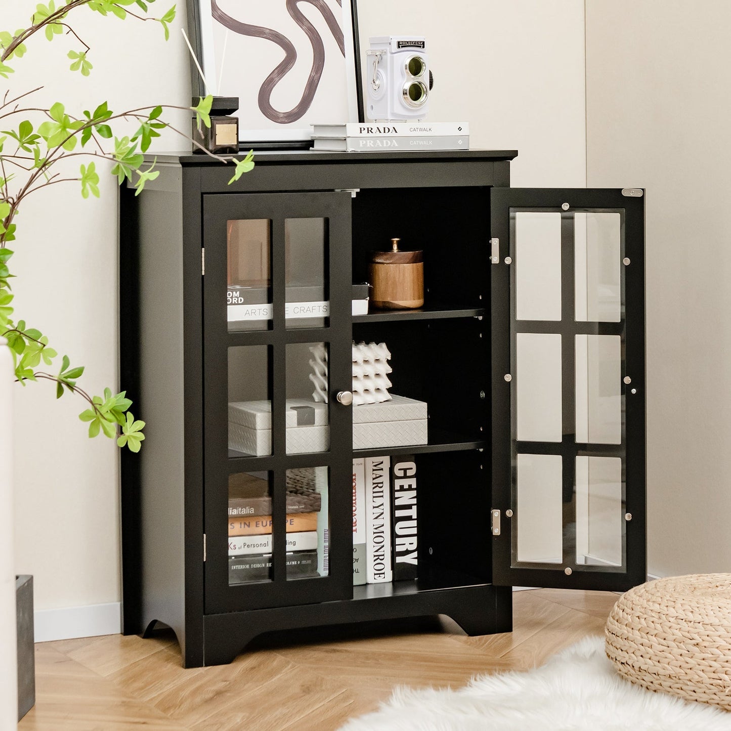 Bathroom Floor Cabinet with 2 Glass Doors and Adjustable Shelves-Black