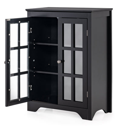 Bathroom Floor Cabinet with 2 Glass Doors and Adjustable Shelves-Black
