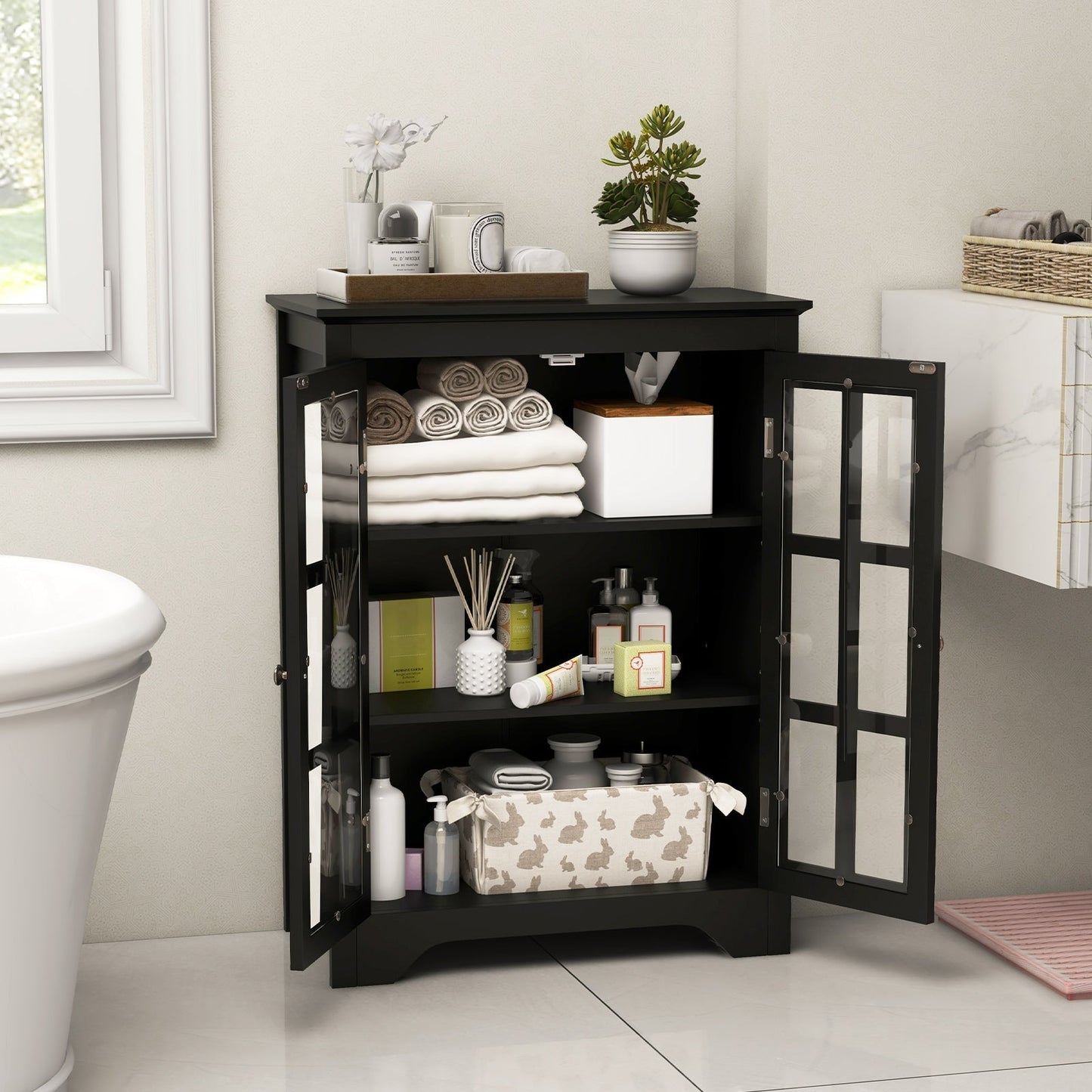 Bathroom Floor Cabinet with 2 Glass Doors and Adjustable Shelves-Black
