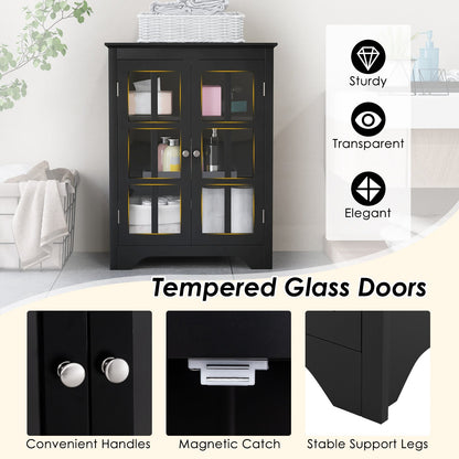 Bathroom Floor Cabinet with 2 Glass Doors and Adjustable Shelves-Black