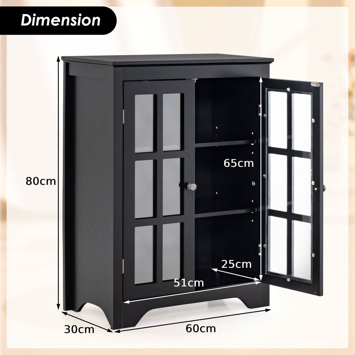 Bathroom Floor Cabinet with 2 Glass Doors and Adjustable Shelves-Black