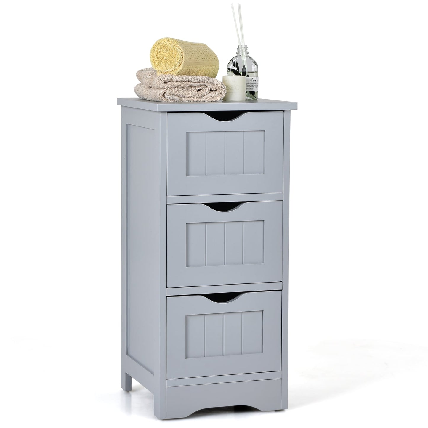 Bathroom Floor Cabinet with 3 Drawers and Cut-Off Handle-Grey