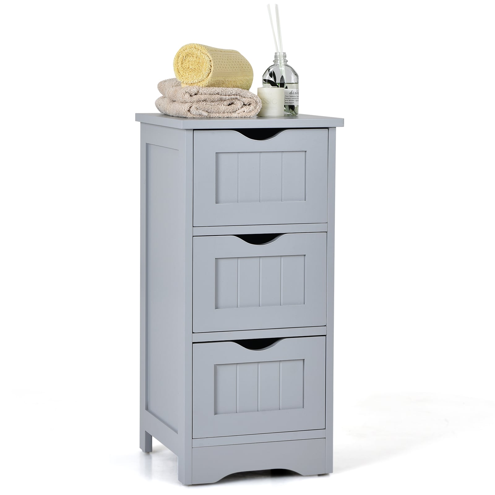 Bathroom Floor Cabinet with 3 Drawers and Cut-Off Handle-Grey