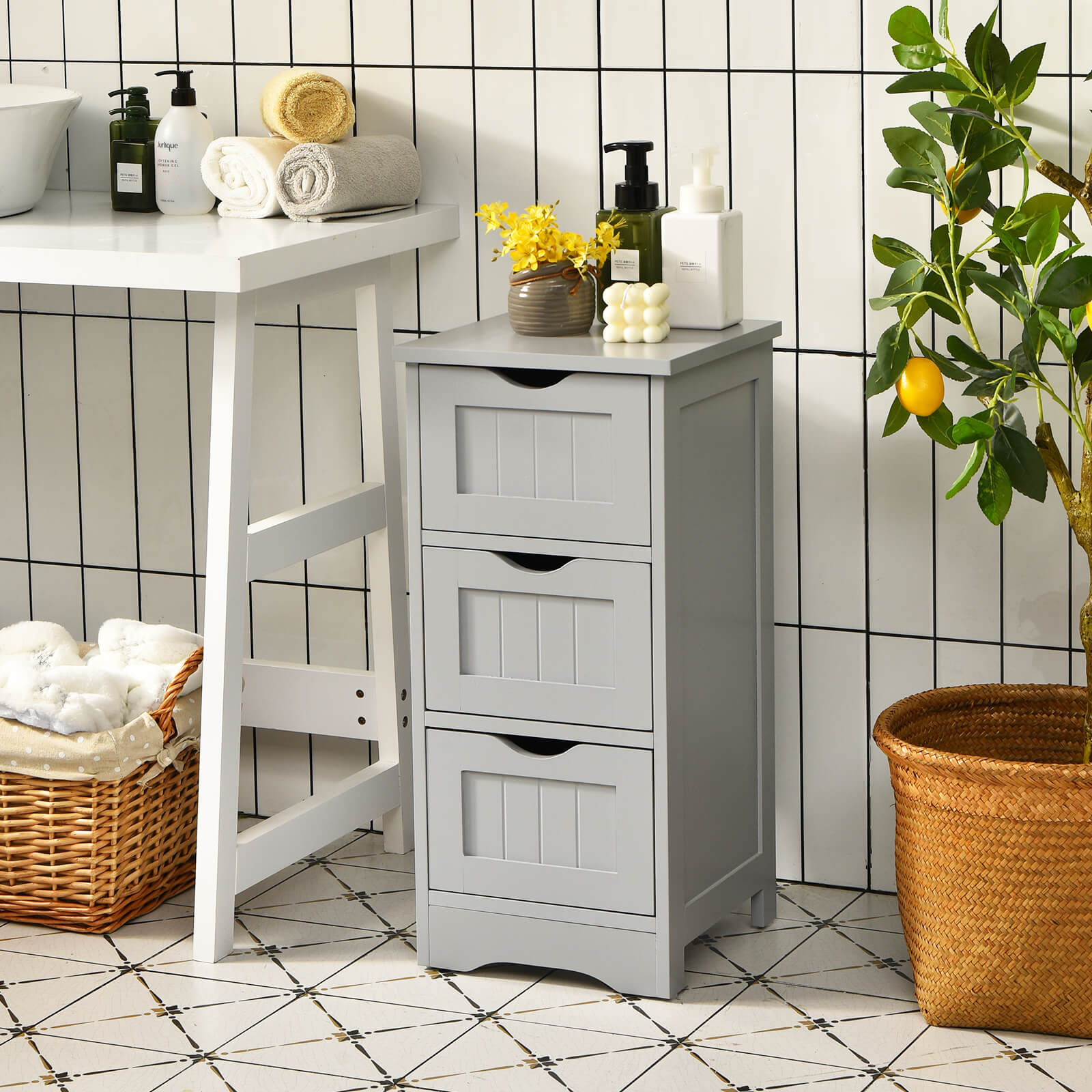 Bathroom Floor Cabinet with 3 Drawers and Cut-Off Handle-Grey