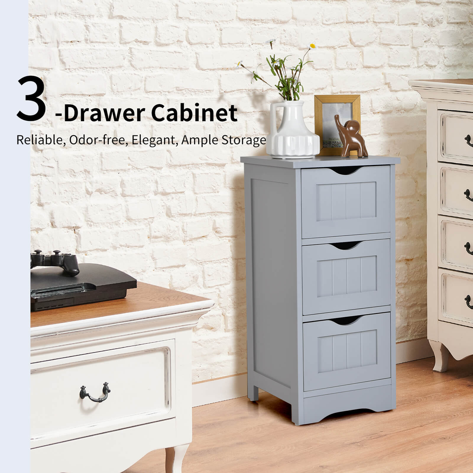 Bathroom Floor Cabinet with 3 Drawers and Cut-Off Handle-Grey