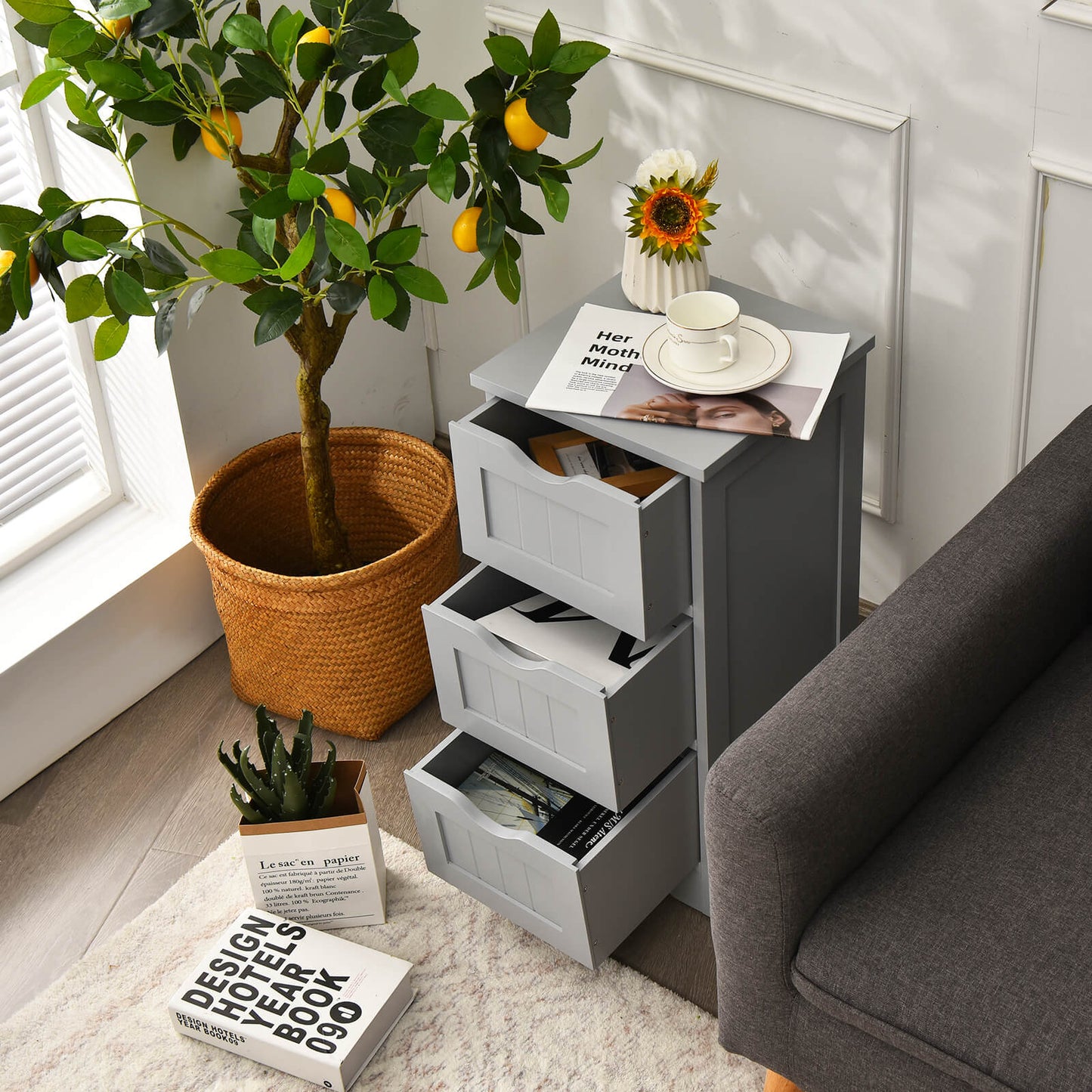 Bathroom Floor Cabinet with 3 Drawers and Cut-Off Handle-Grey