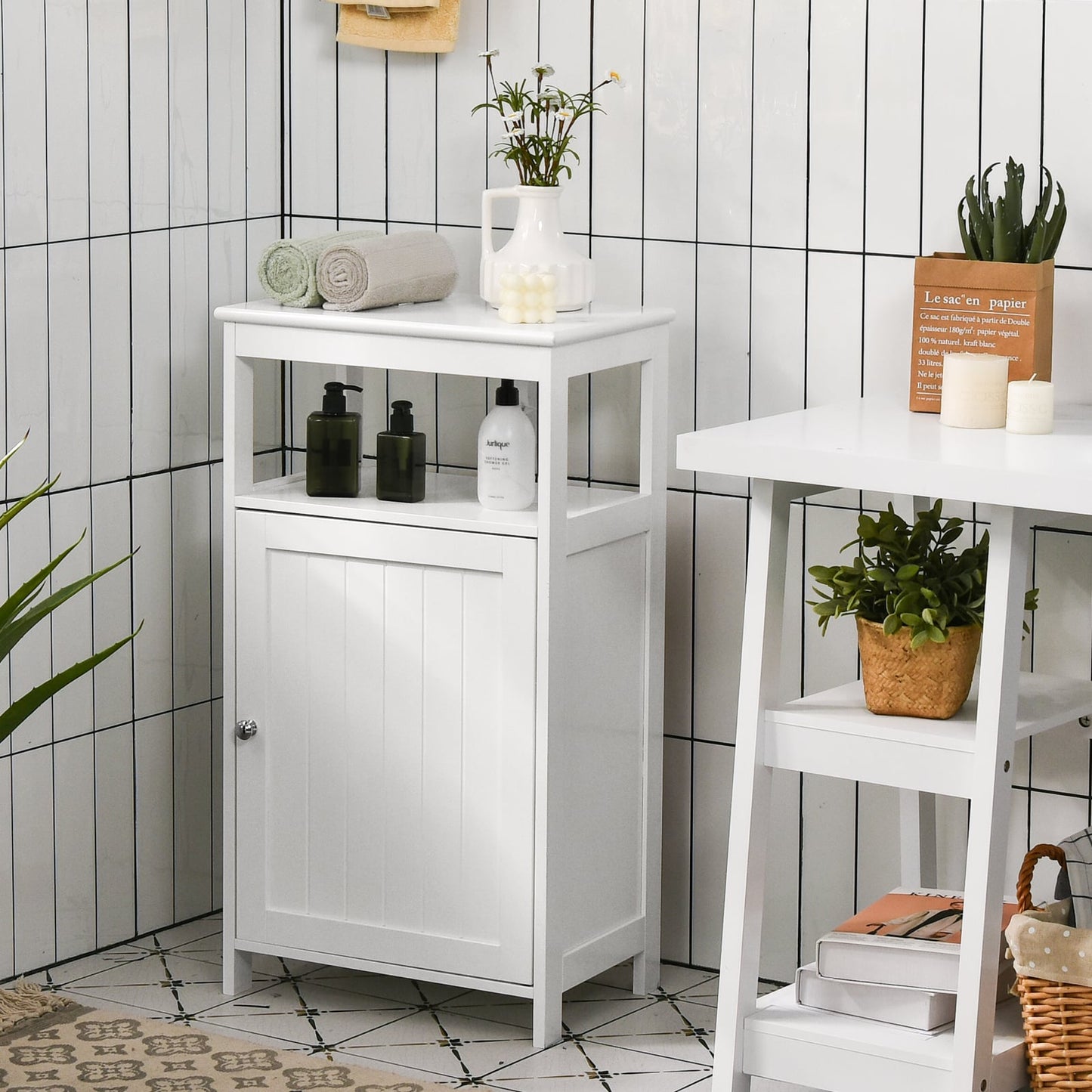 Bathroom Floor Cabinet with Single Door and Adjustable Shelf-White