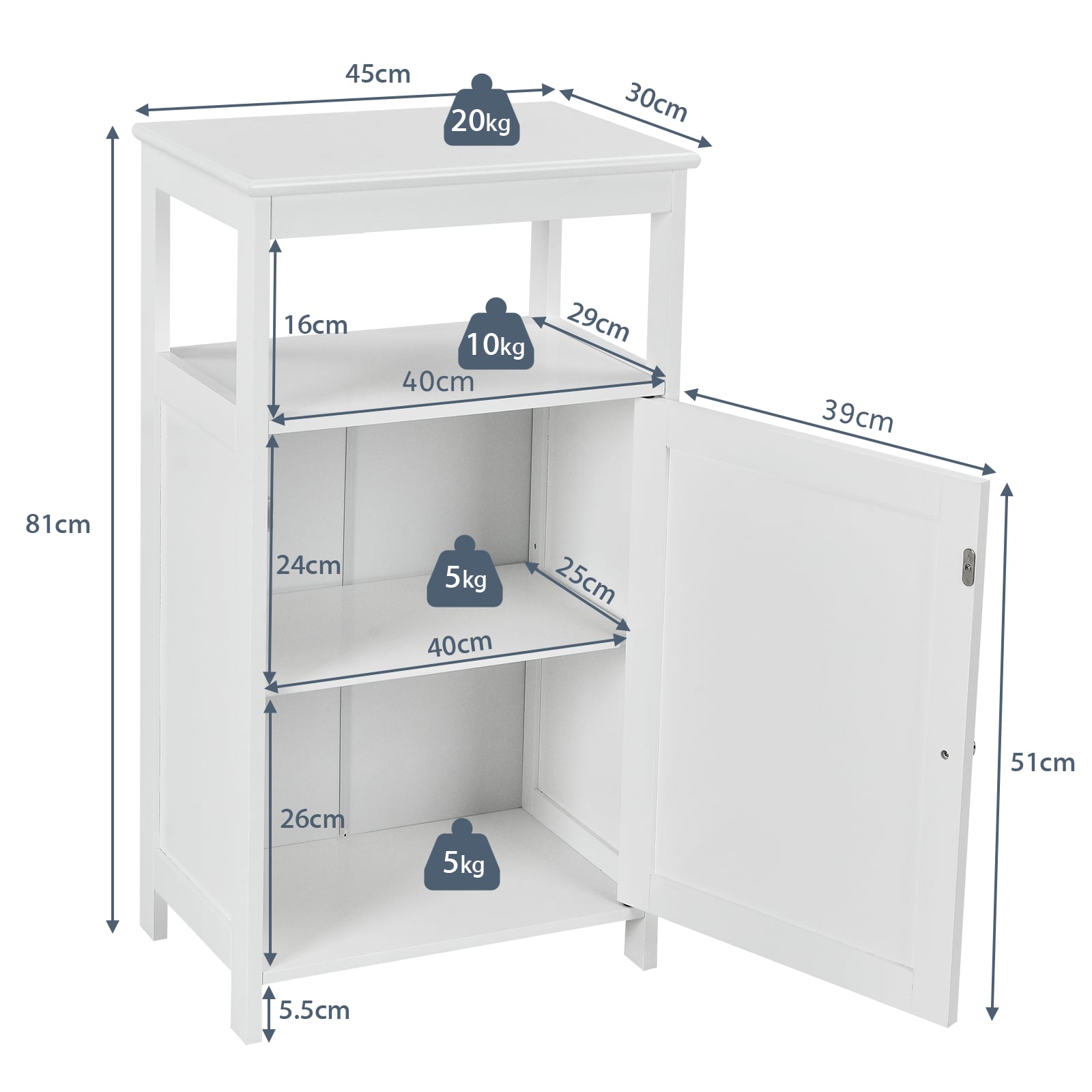 Bathroom Floor Cabinet with Single Door and Adjustable Shelf-White