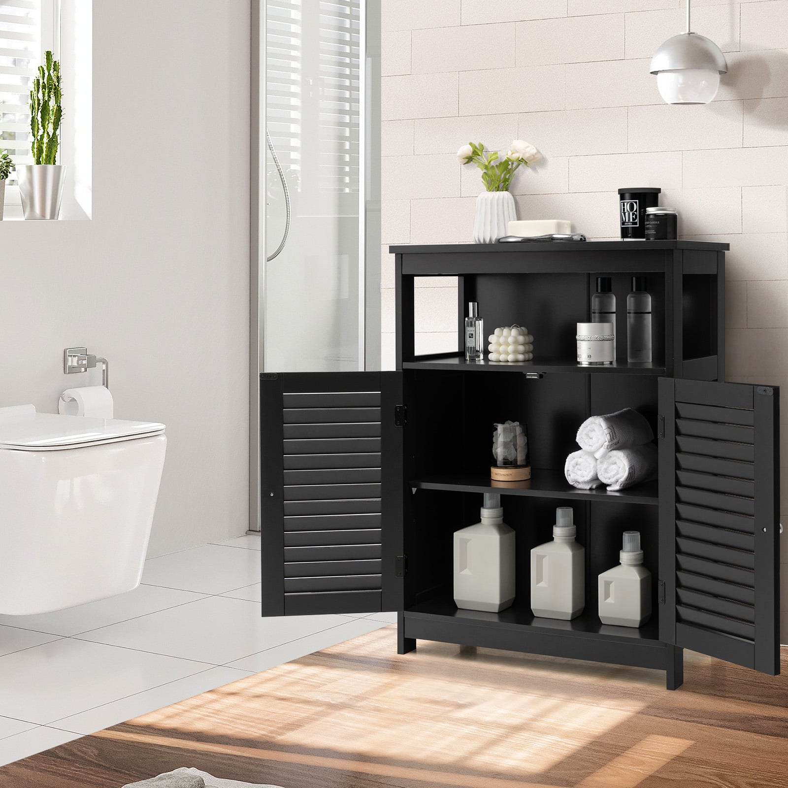 Bathroom Floor Cabinet with Double Shutter Door and Adjustable Shelf-Black