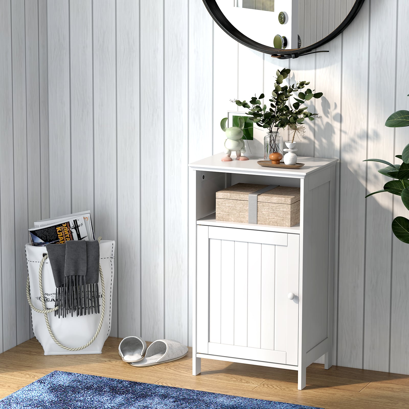 Bathroom Floor Single Door Side Cabinet with Open Compartment-White