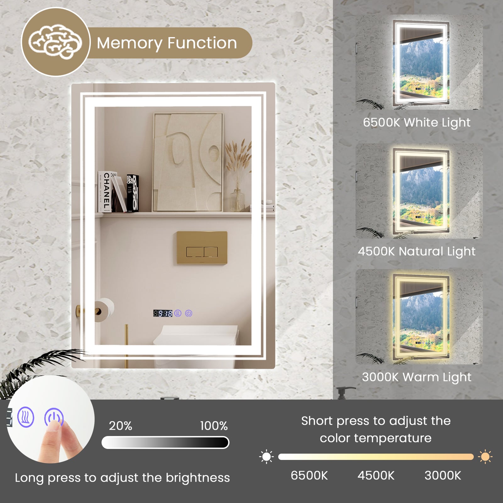 Anti-Fog Bathroom Led Vanity Mirror with 3 Colors 3000-6500K