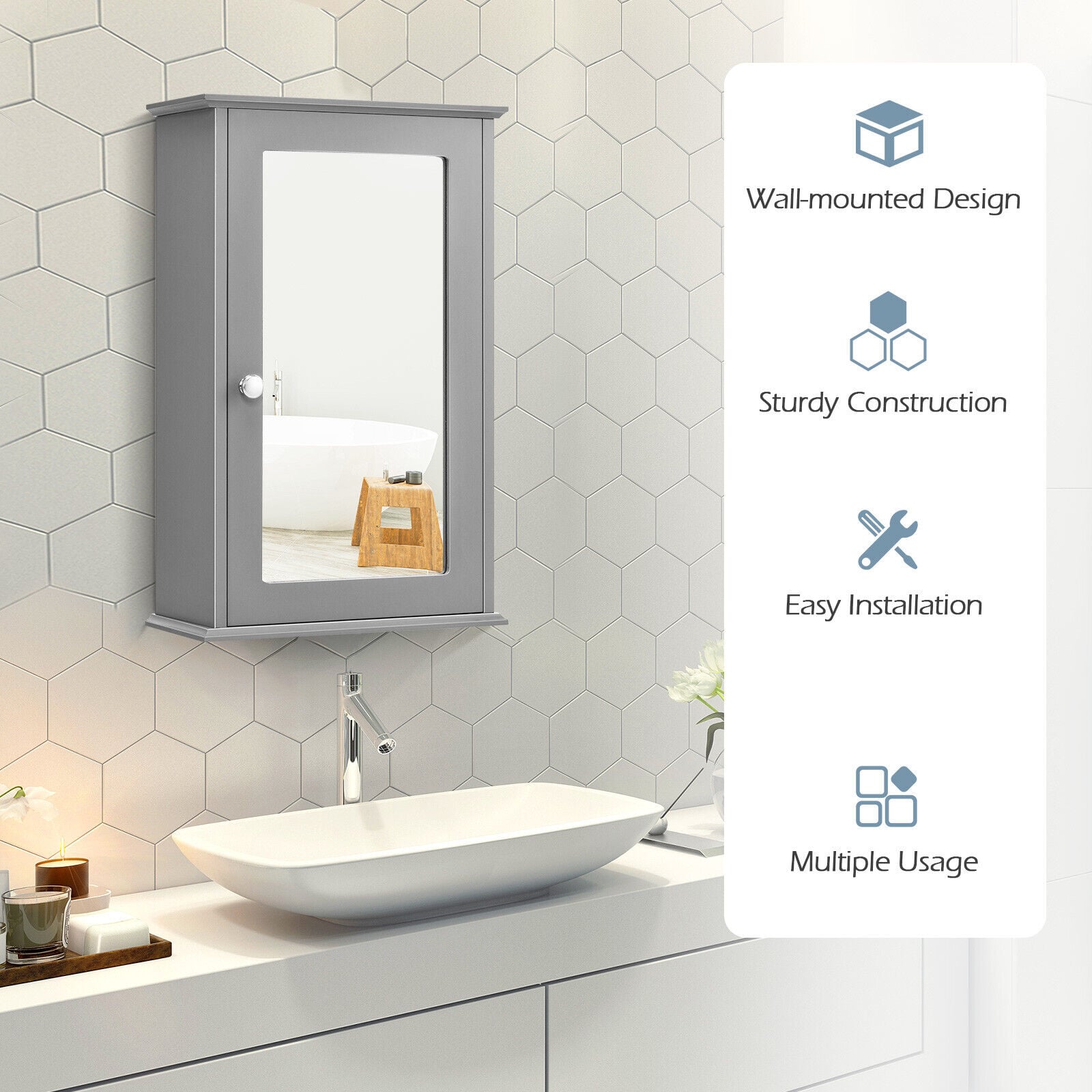 Bathroom Medicine Cabinet with Mirror and Adjustable Shelf-Grey