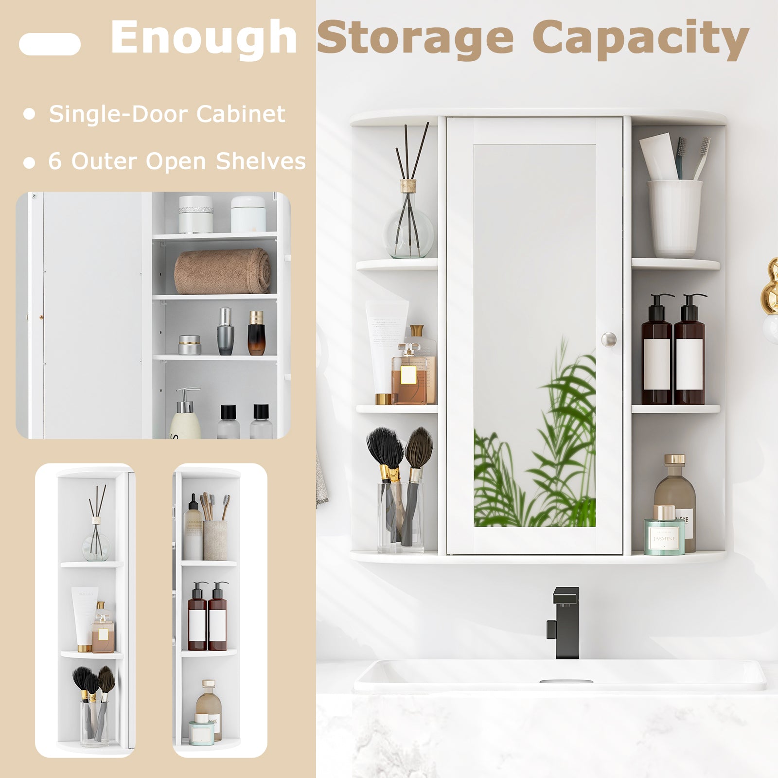 Bathroom Medicine Cabinet with Mirror with 3 Adjustable Shelves-White