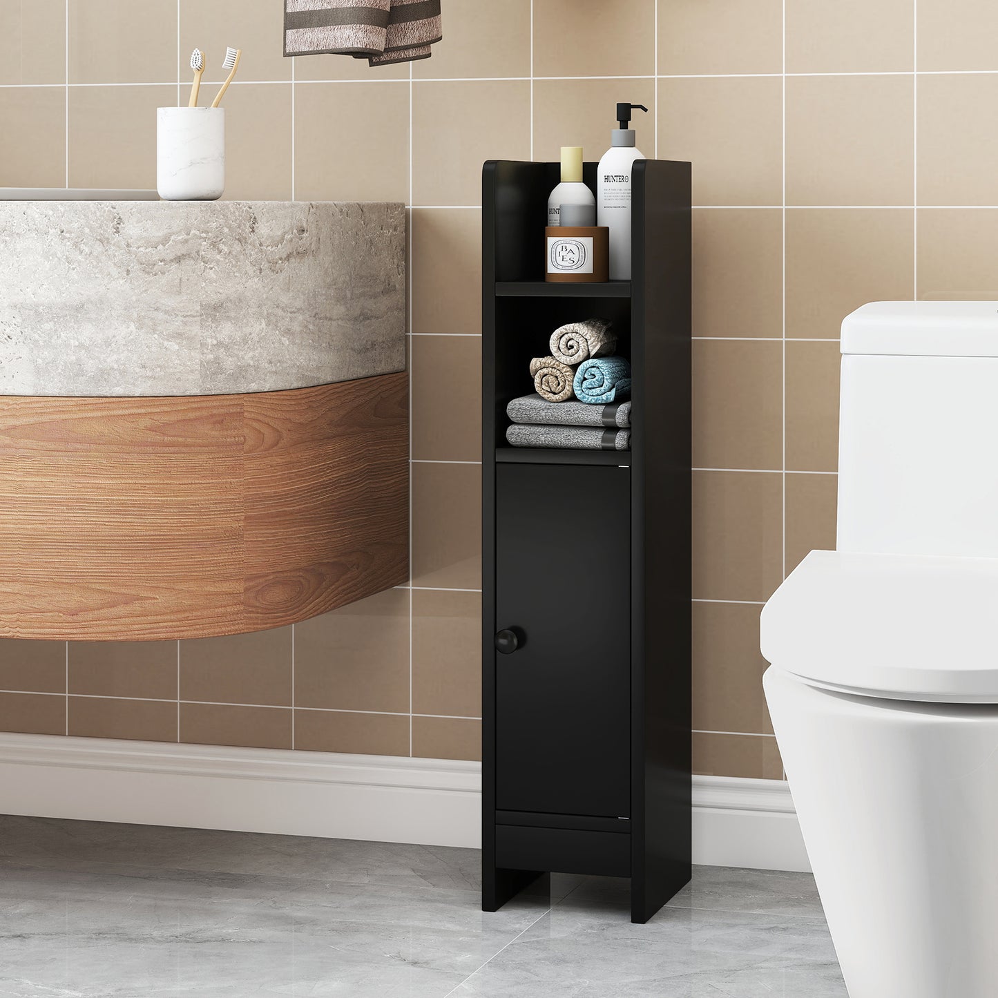 Bathroom Storage Cabinet with Door and Adjustable Shelves-Black