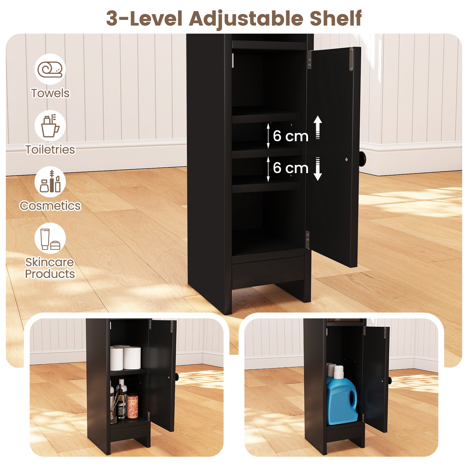 Bathroom Storage Cabinet with Door and Adjustable Shelves-Black