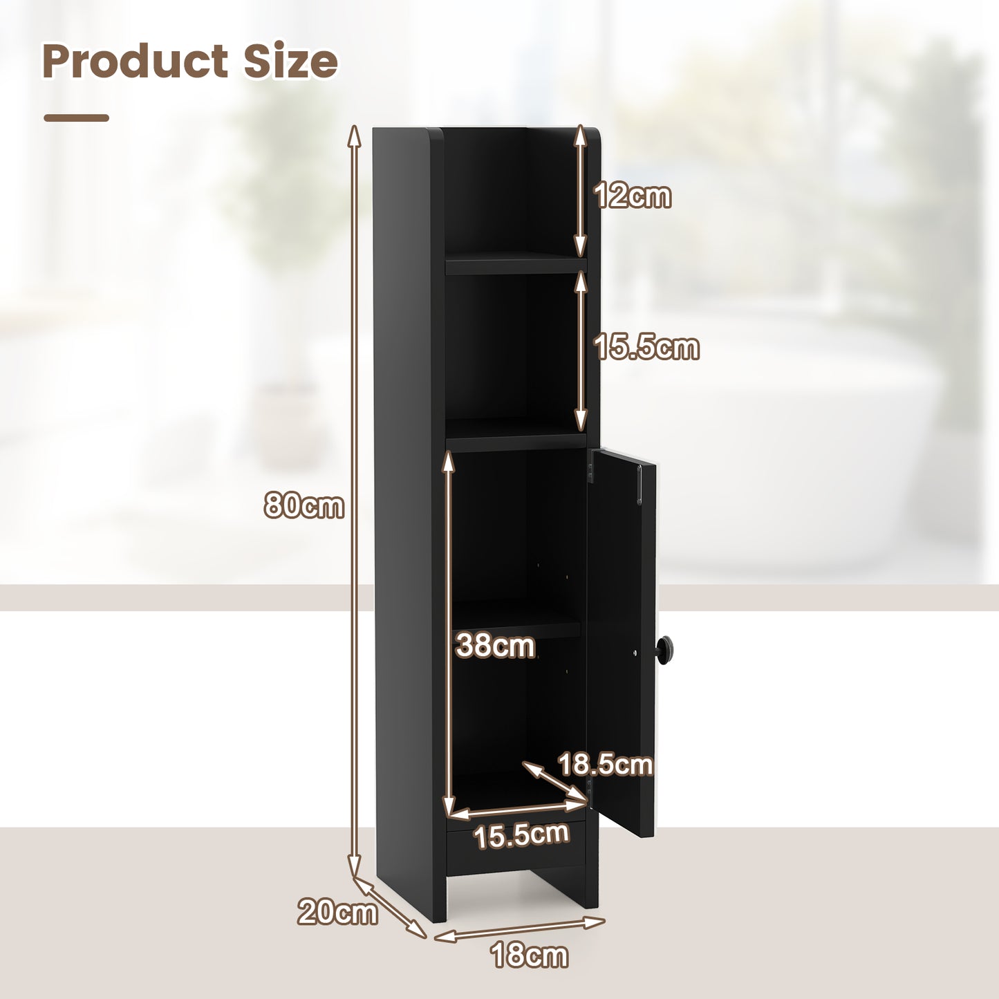 Bathroom Storage Cabinet with Door and Adjustable Shelves-Black