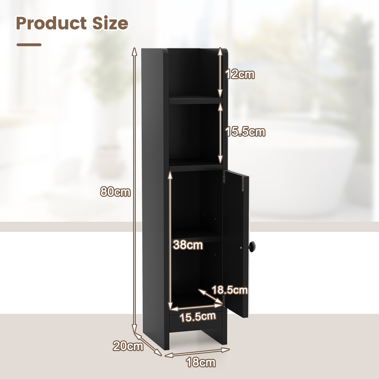 Bathroom Storage Cabinet with Door and Adjustable Shelves-Black