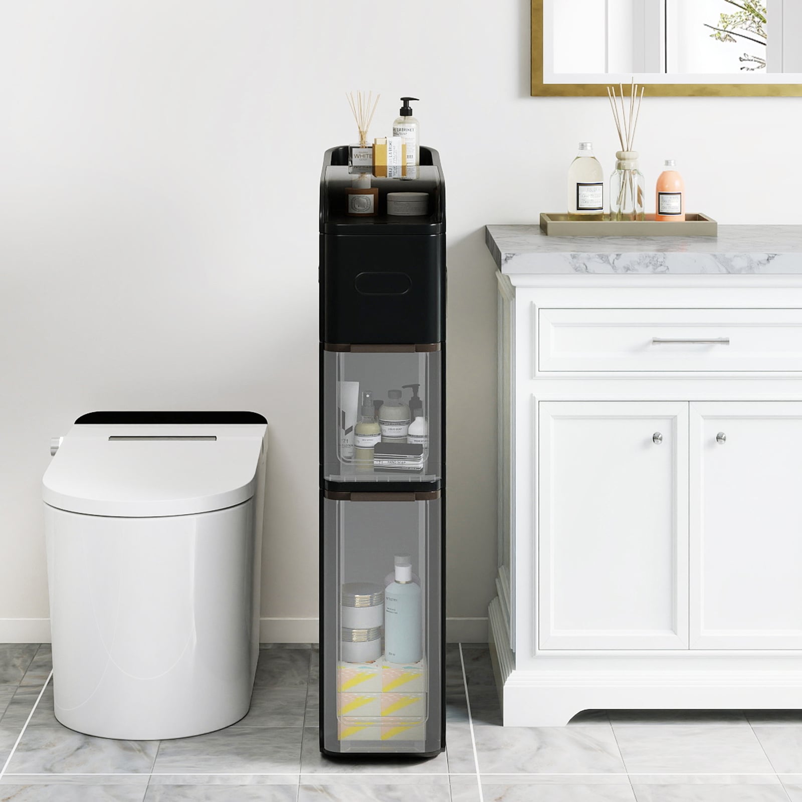 4-Tier Bathroom Storage Cabinet with 2 Drawers and Tissue Box-Black