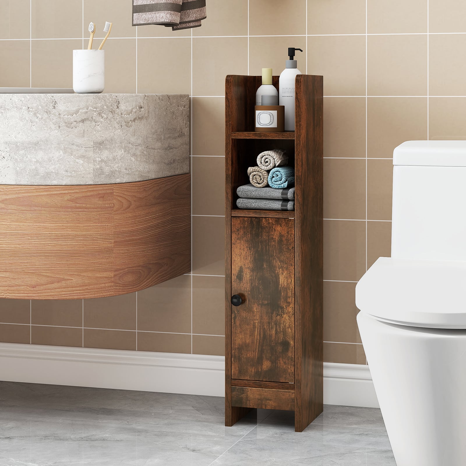 Bathroom Storage Cabinet with Door and Adjustable Shelves-Rustic Brown