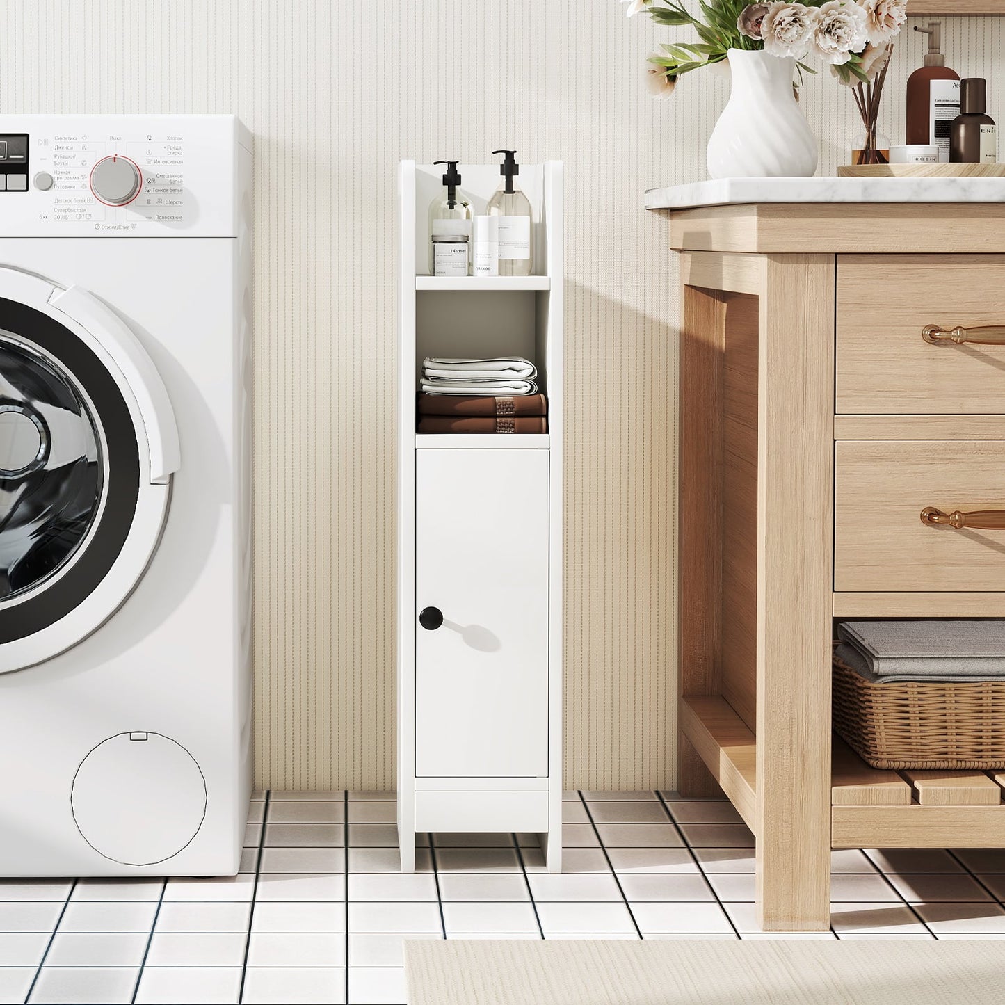 Bathroom Storage Cabinet with Door and Adjustable Shelves-White