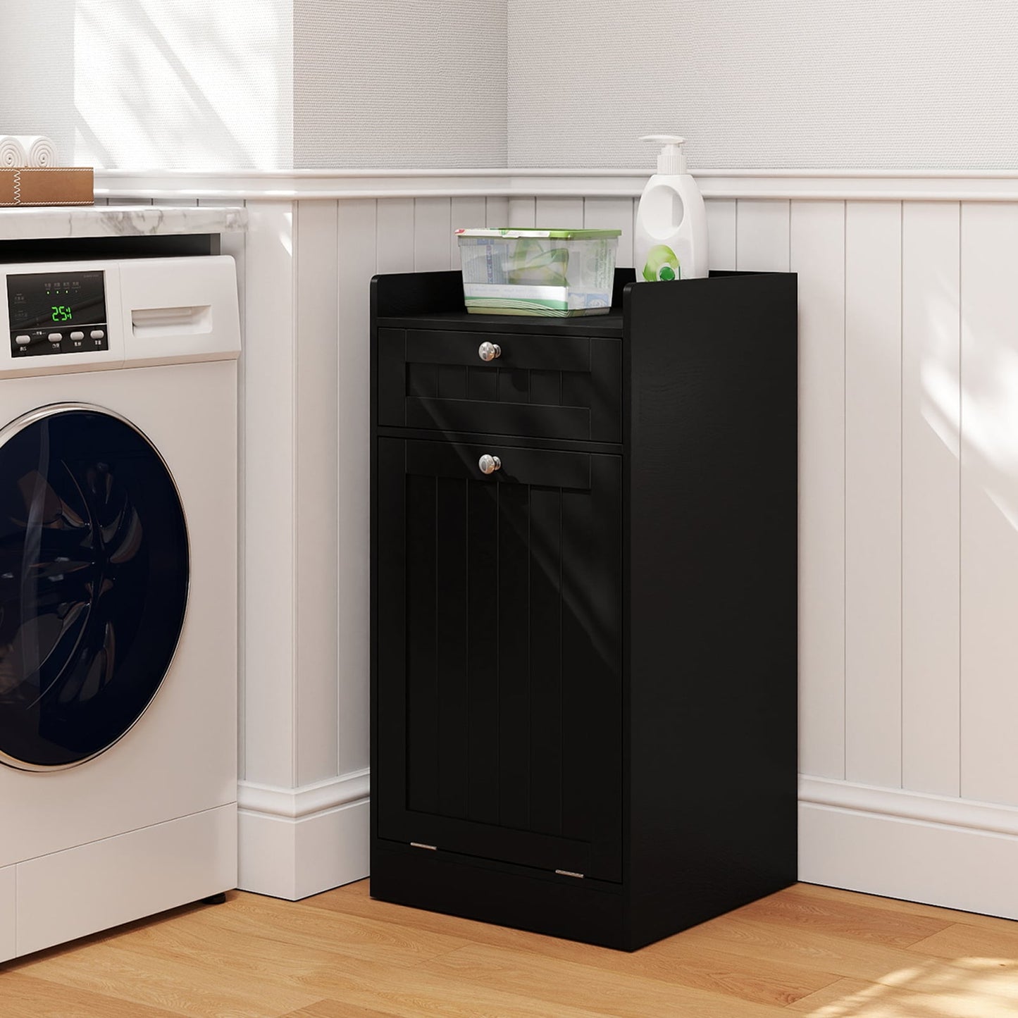 Bathroom Storage Cabinet with Drawer and Removable Hamper-Black