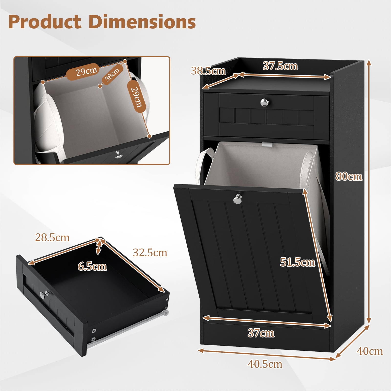 Bathroom Storage Cabinet with Drawer and Removable Hamper-Black