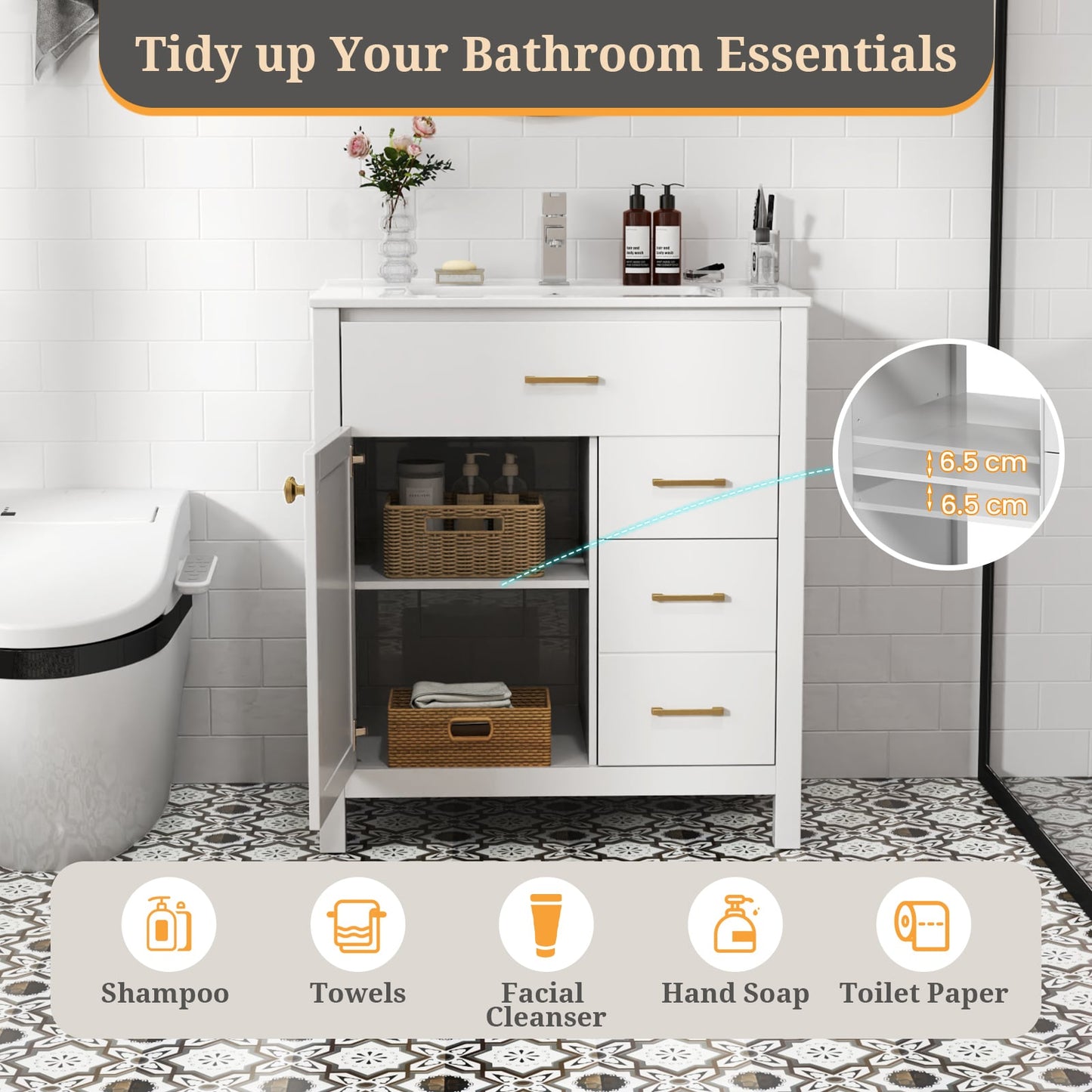 Bathroom Vanity with Sink and 2 Drawers and 1 Cabinet-White