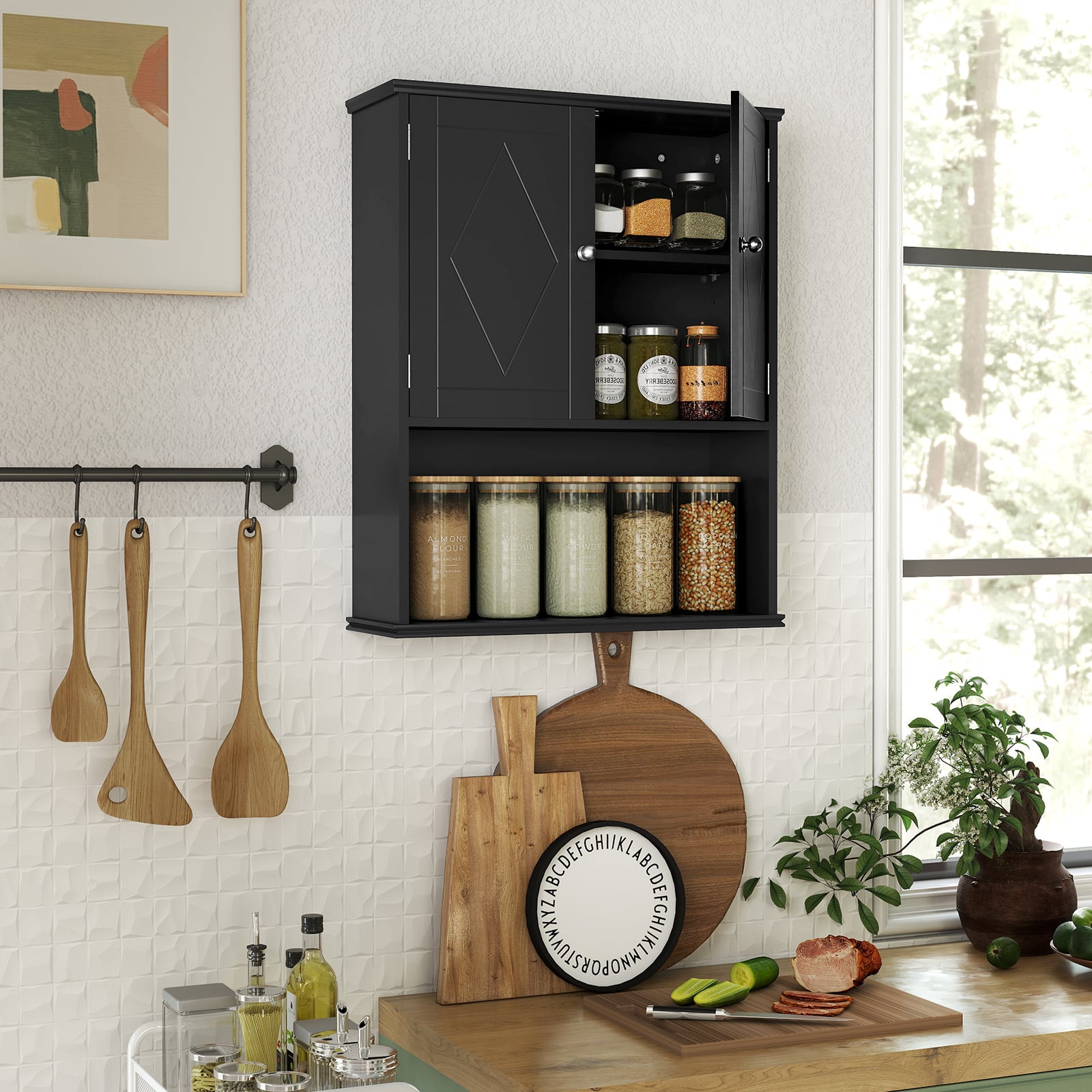 Bathroom Wall Cabinet with Open Shelf and Adjustable Shelf-Black