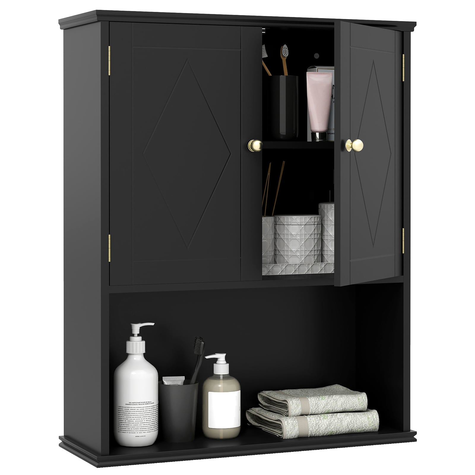 Bathroom Wall Cabinet with Open Shelf and Adjustable Shelf-Black