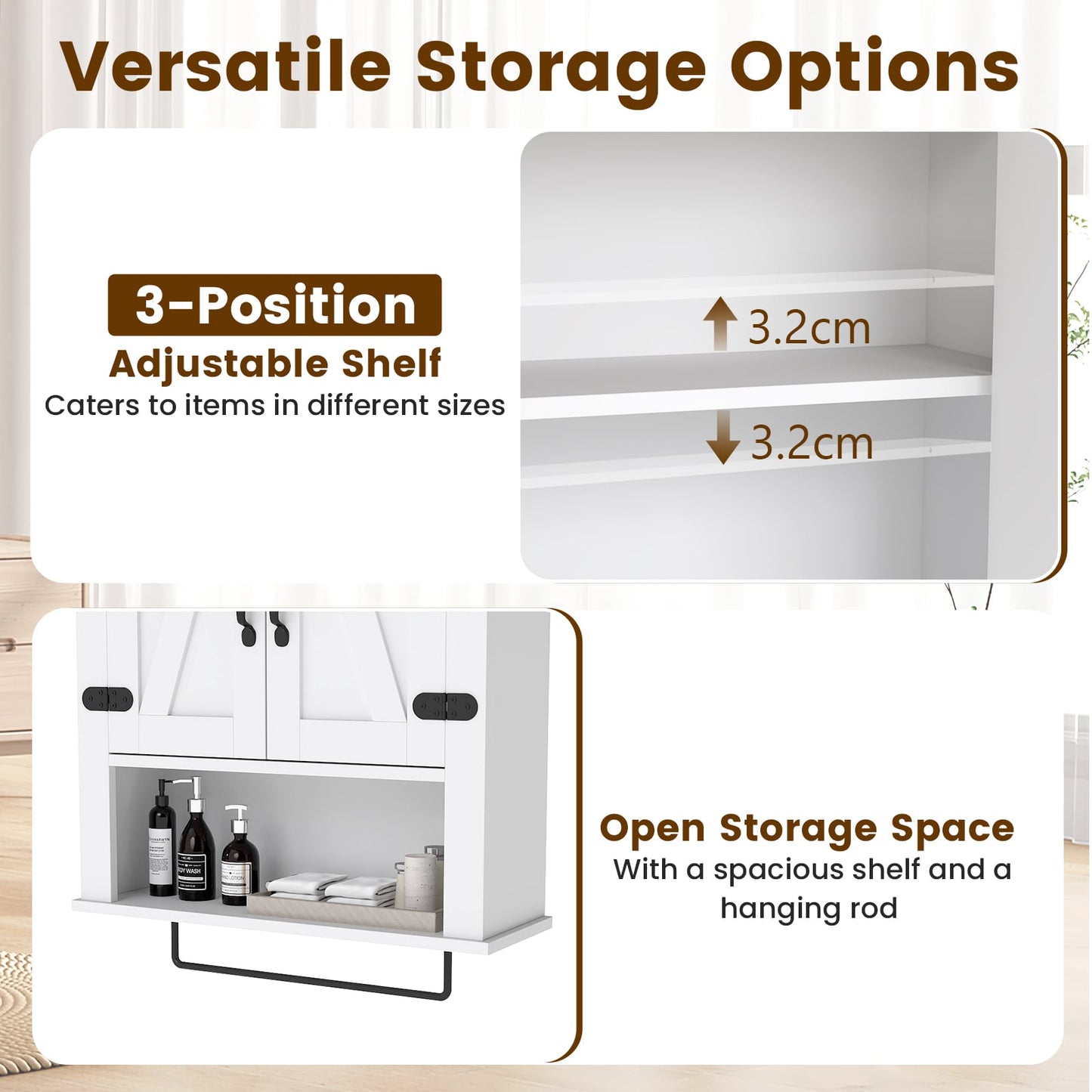 Bathroom Wall Cabinet with Barn Doors and Adjustable Shelf-White
