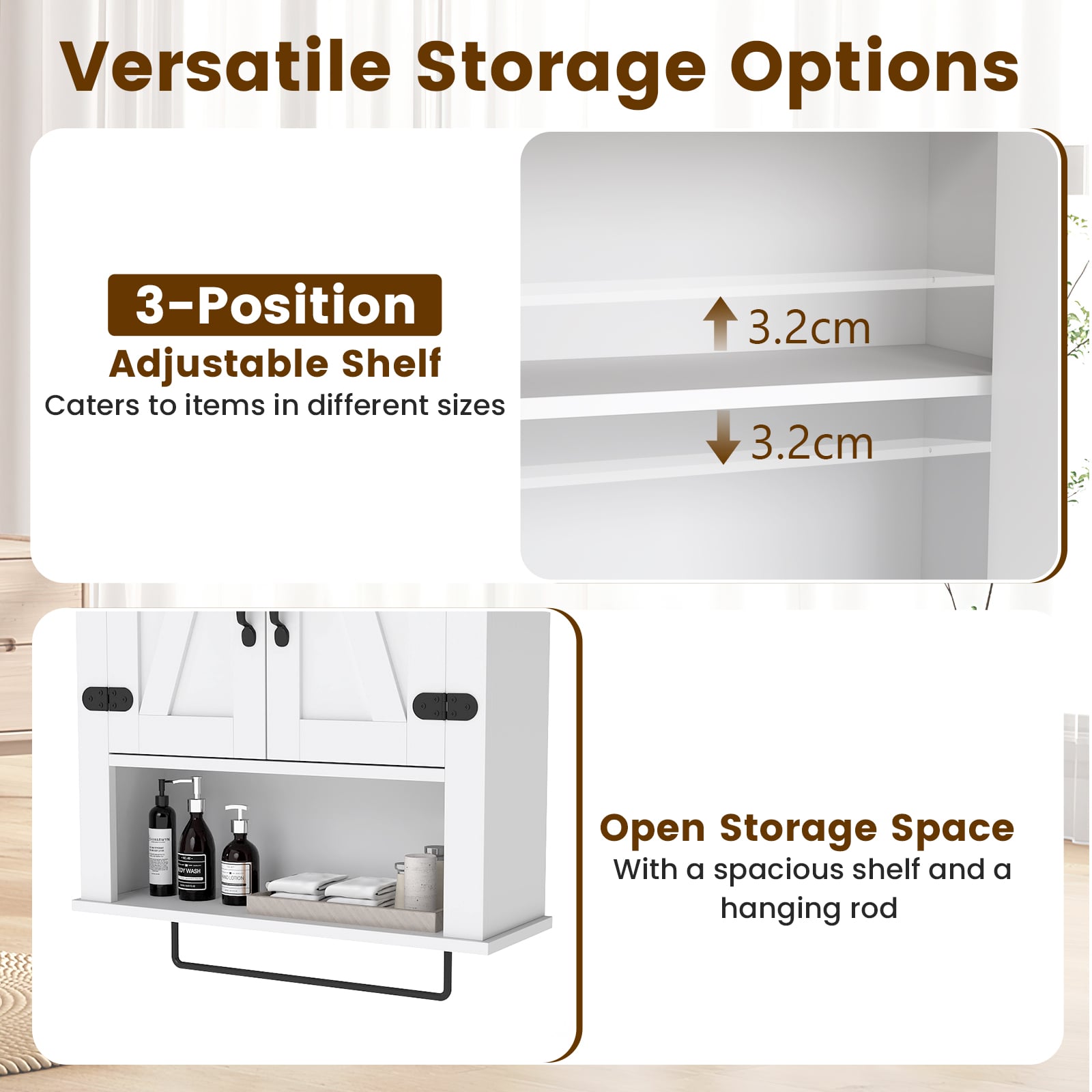 Bathroom Wall Cabinet with Barn Doors and Adjustable Shelf-White