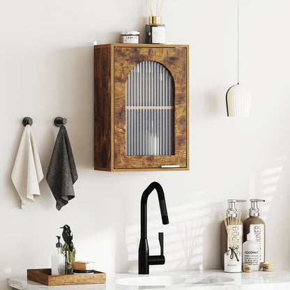 Bathroom Wall Cabinet with Tempered Glass Door and Adjustable Shelf-Brown