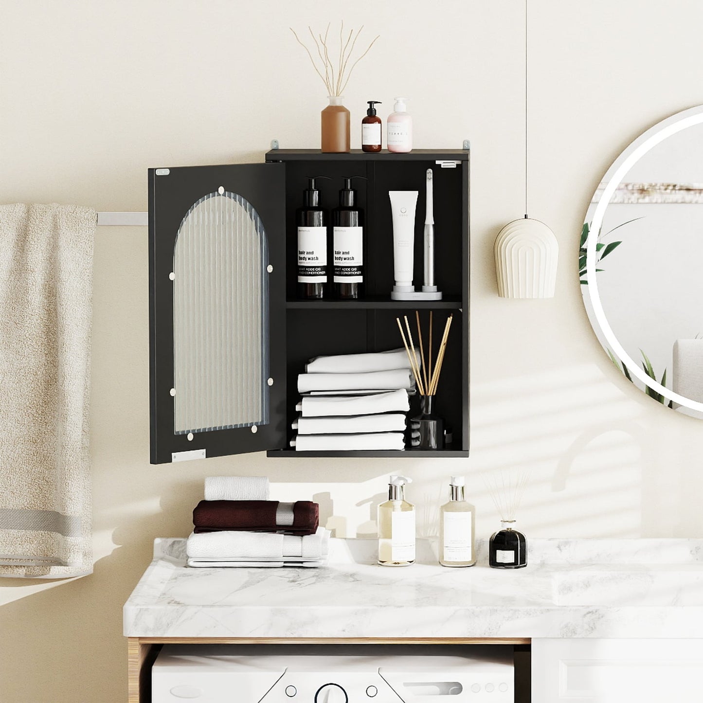 Bathroom Wall Cabinet with Tempered Glass Door and Adjustable Shelf-Black