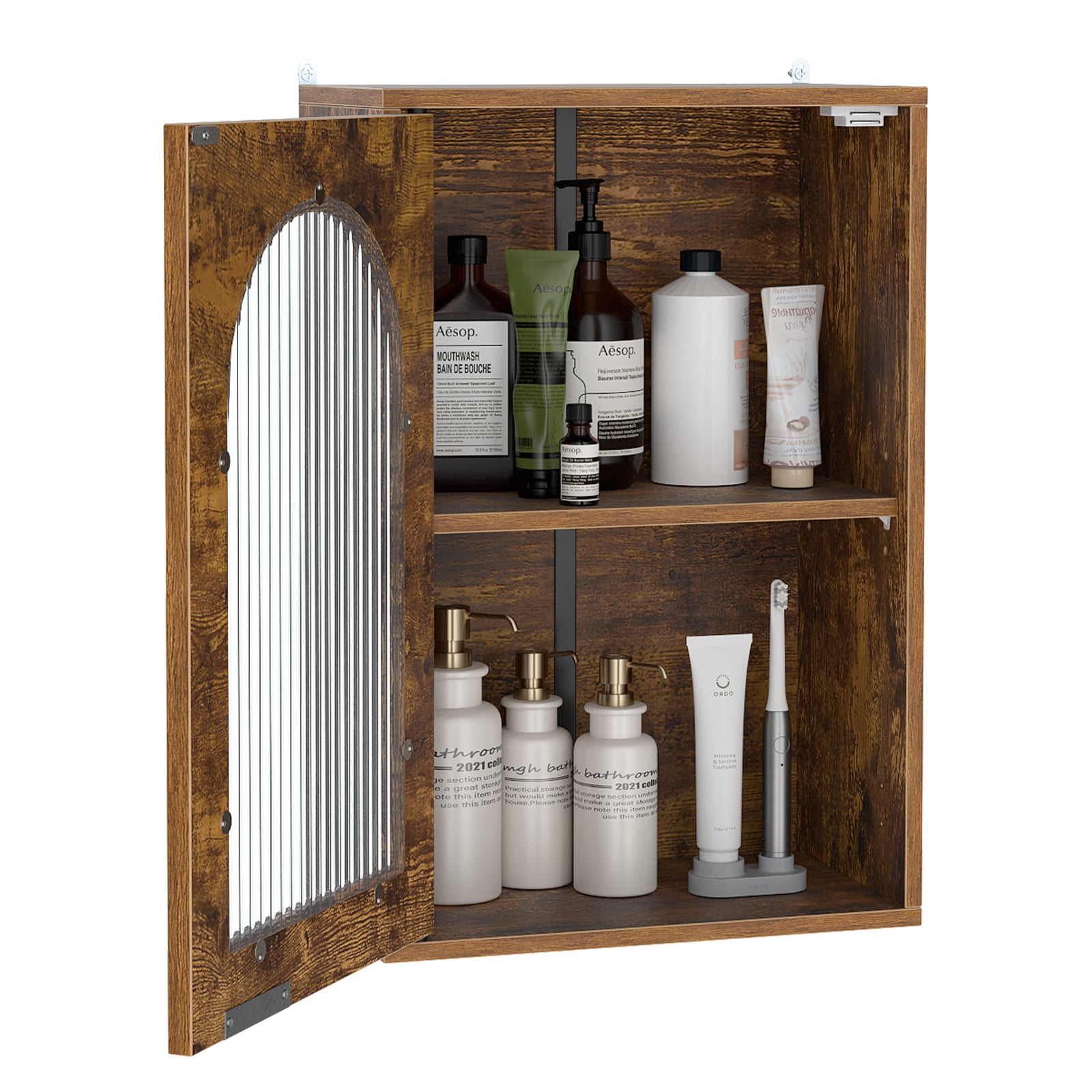 Bathroom Wall Cabinet with Tempered Glass Door and Adjustable Shelf-Brown