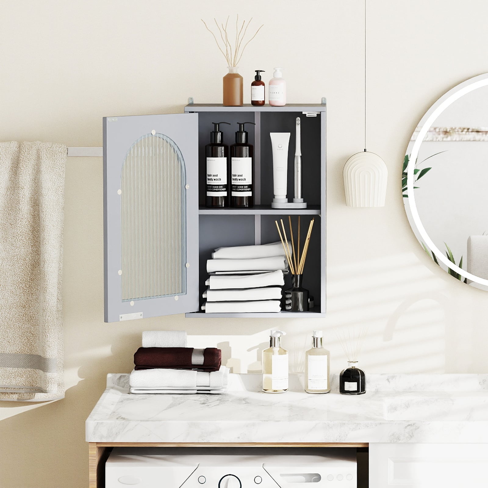 Bathroom Wall Cabinet with Tempered Glass Door and Adjustable Shelf-Grey
