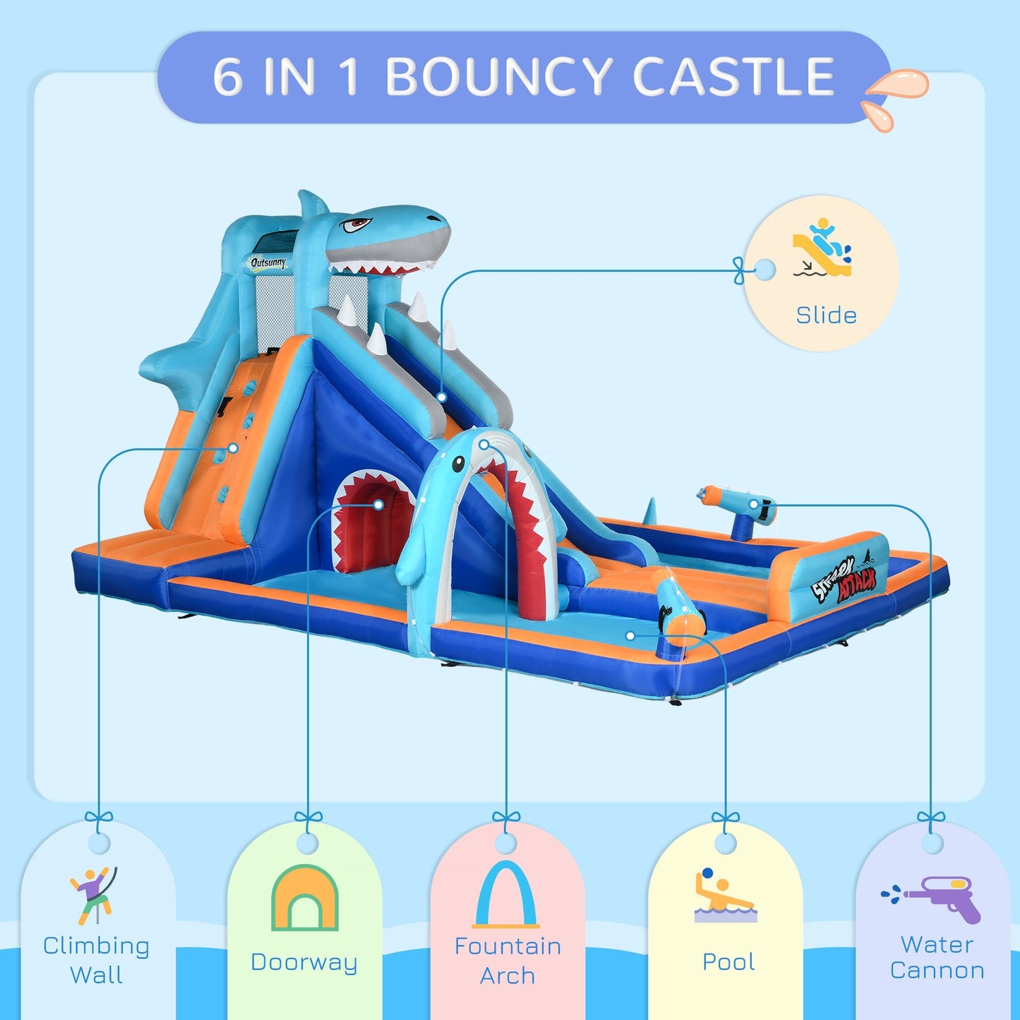 Outsunny 6 in 1 Shark-Themed Bouncy Castle, Inflatable Water Park, with Slide, Pool, Trampoline, Blower, for Ages 3-8 Years