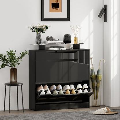 HOMCOM Shoe Storage Cabinet with Slide Out Drawer, 2 Flip Doors, Tempered Glass Top - Black