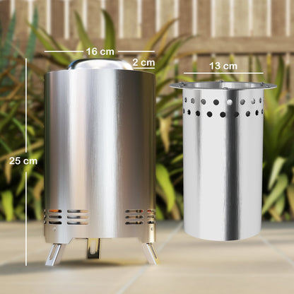 Outsunny Smokeless Fire Pit, 16 x 16 cm Stainless Steel Portable Wood Burning Firepit with Poker, Wood or Pellet Fuelled Tabletop Fire Pit for Garden Camping Bonfire Party, Silver Tone