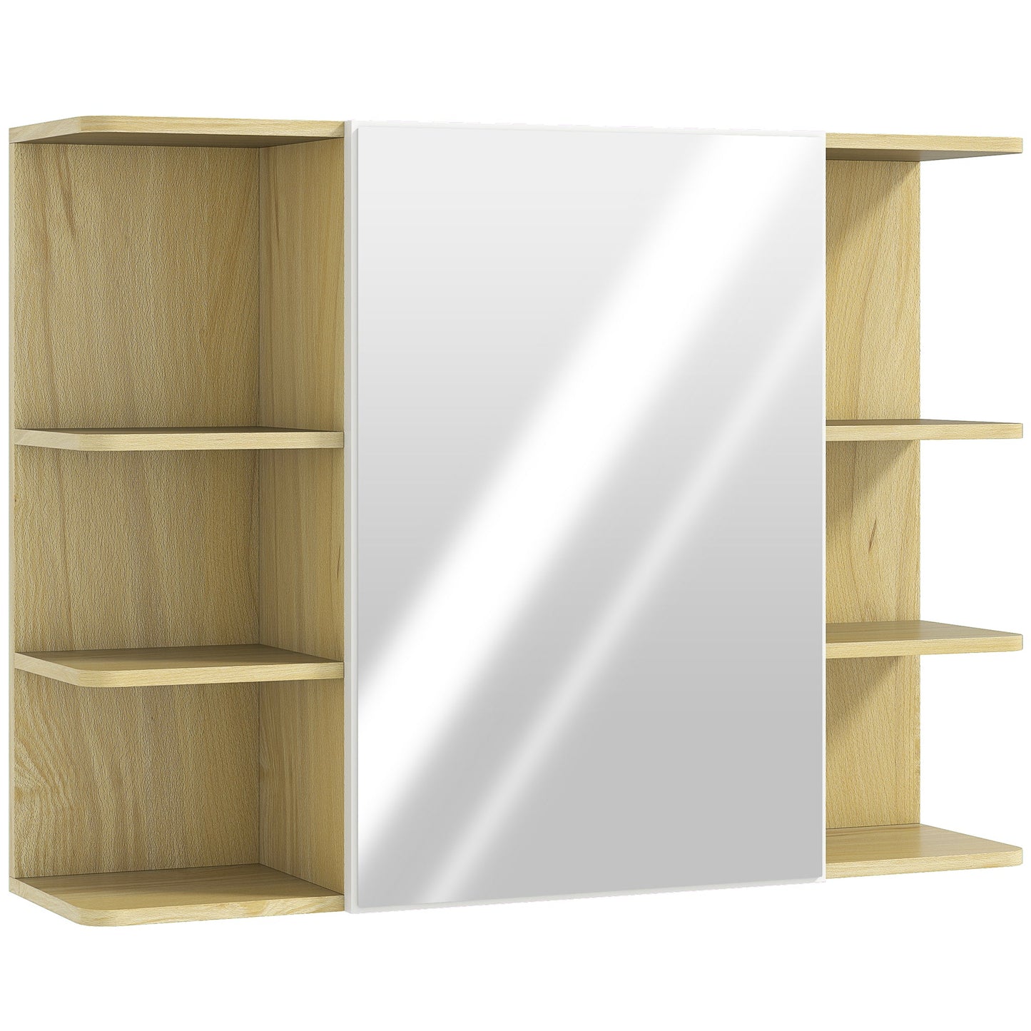 HOMCOM Bathroom Mirror Cabinet with Open Storage Shelves - Natural Wood Finish