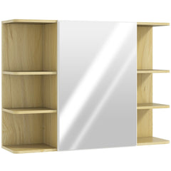 HOMCOM Bathroom Mirror Cabinet with Open Storage Shelves - Natural Wood Finish