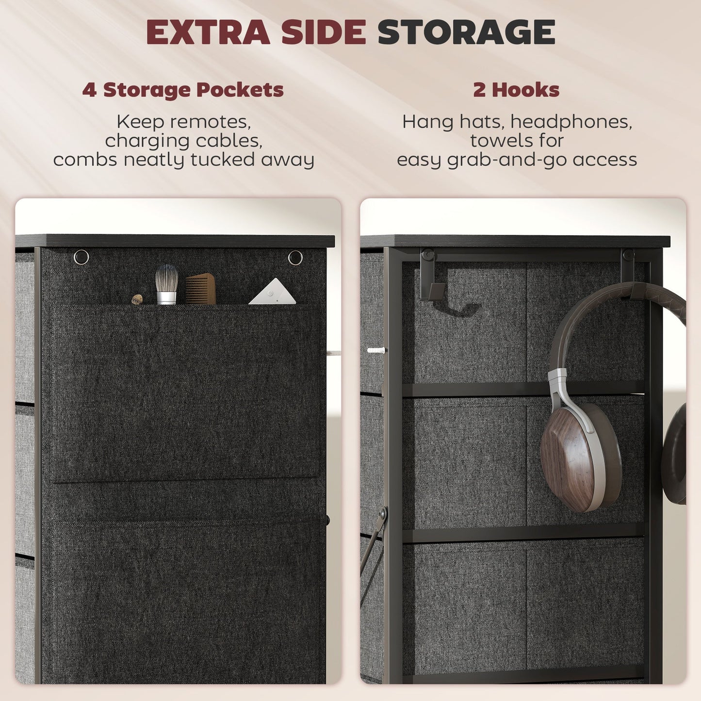 HOMCOM Chest of Five Fabric Drawers - Charcoal Grey