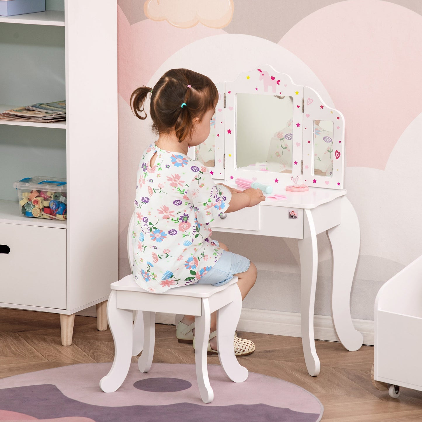 HOMCOM Kids Vanity Table and Chair Set with Tri-Folding Mirror and Stool, Makeup Dressing Table with Drawer, White