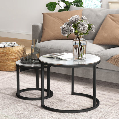 HOMCOM Glass Coffee Table Set of 2, Round Nest of Tables with Marble-Effect Tempered Glass Tabletop and Steel Frame, Modern Side Tables for Living Room, White