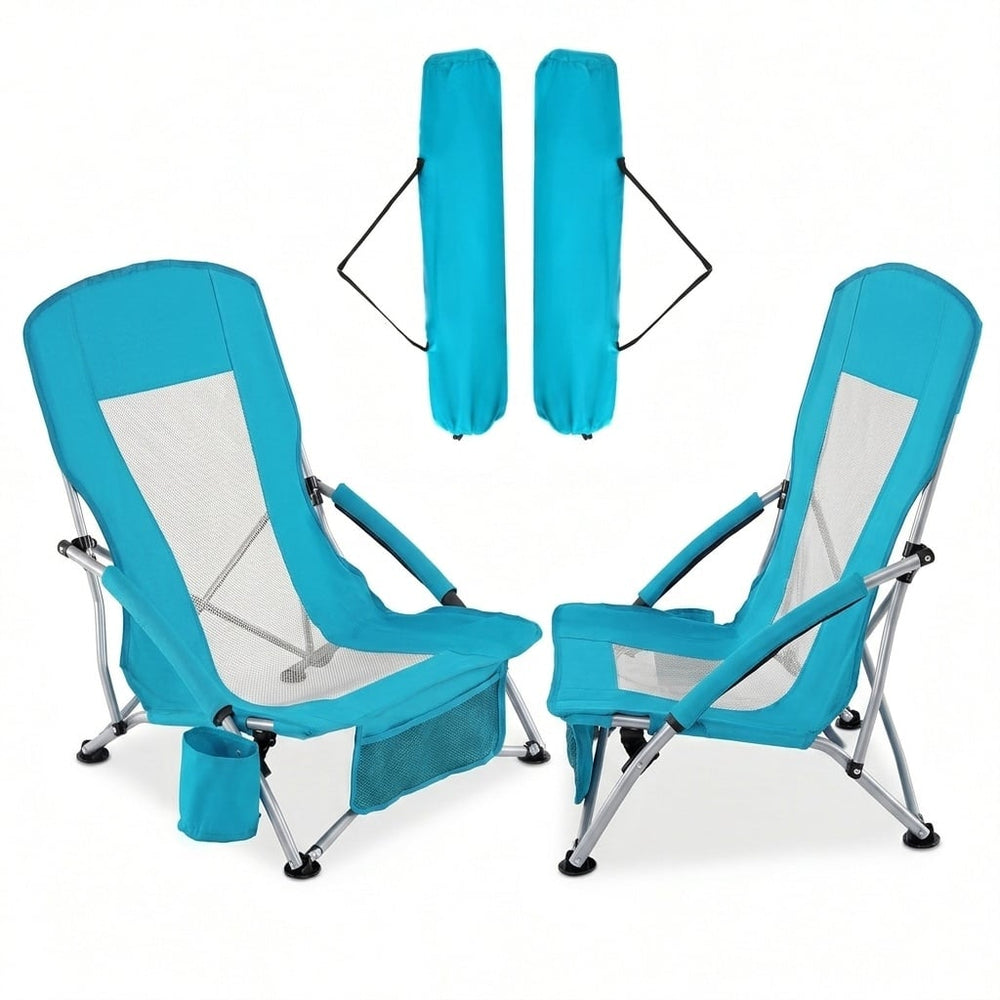 Beach Chair Set of 2 with Padded Armrests and Storage Pocket-Blue
