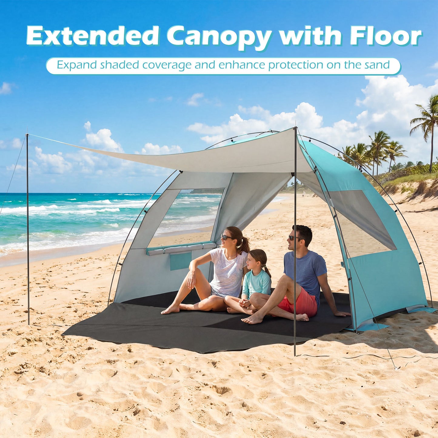 Beach Tent Sun Shelter with Canopy Carry Bag for 3-4 Person-Blue