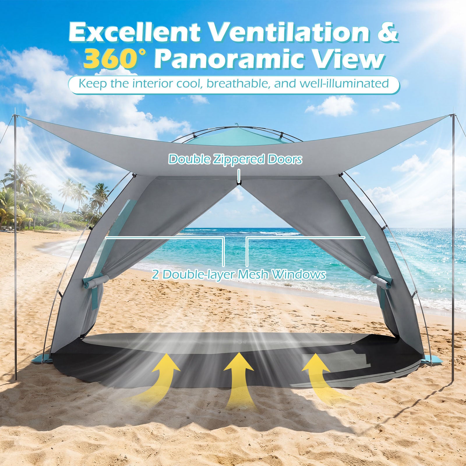 Beach Tent Sun Shelter with Canopy Carry Bag for 3-4 Person-Blue
